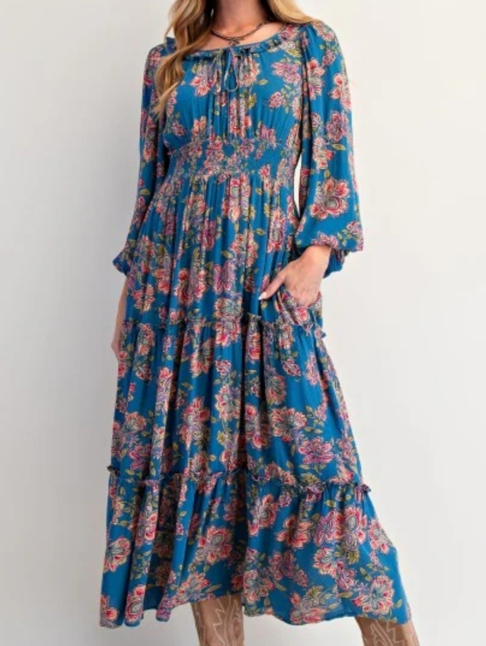 Easle Boho L Tiered Voluminous Bubble Sleeve Maxi Dress Ruffle Blue Floral Smock